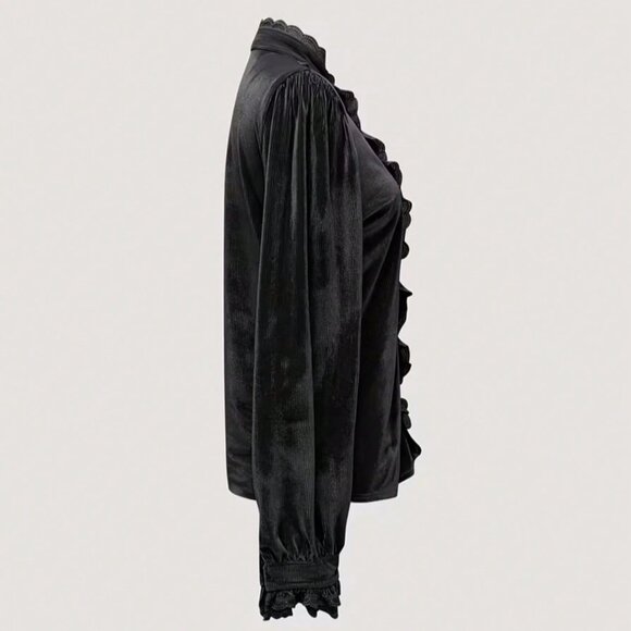 Black Elegant Women's Velvet Blouse with Lace Patchwork - Picture 4 of 4